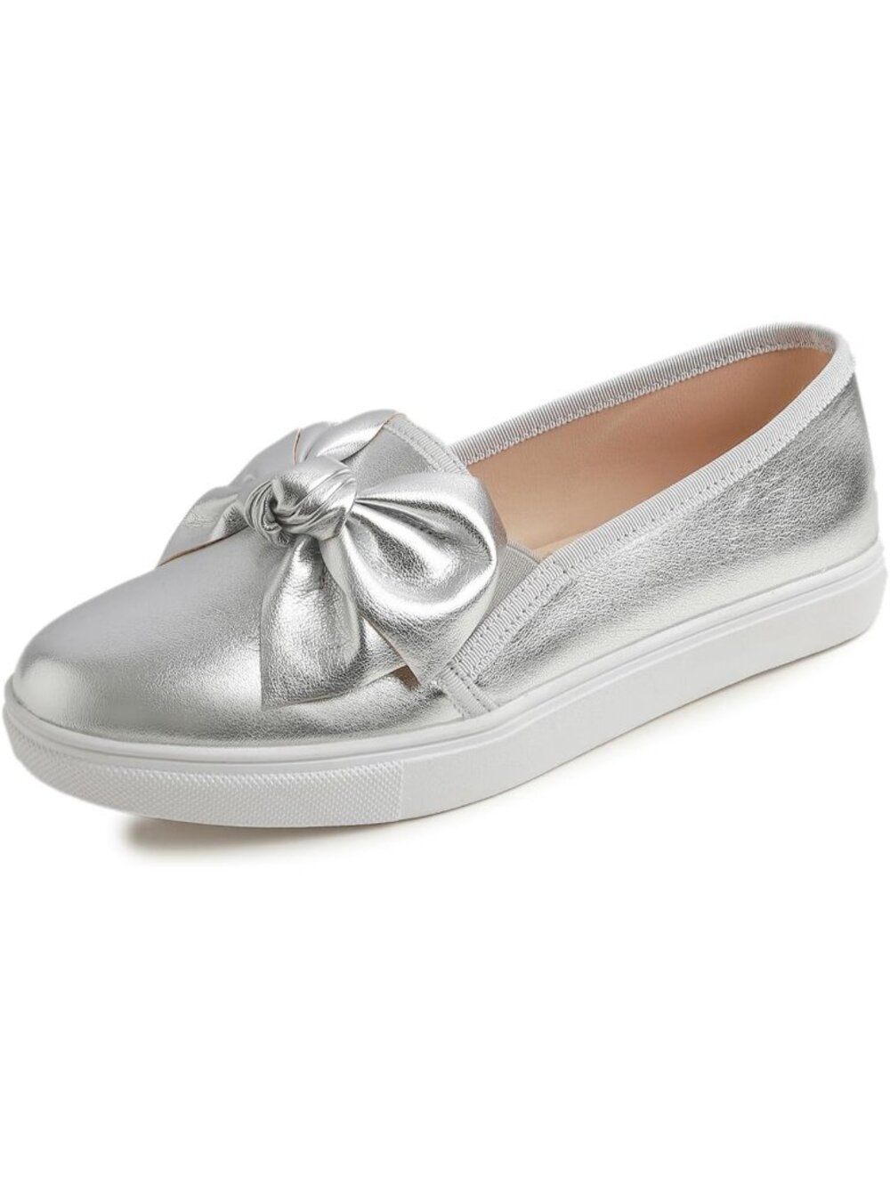 Women's Silver Vegan Leather Casual Slip On Fashion Bow Tie Stylish Loafer Flats
